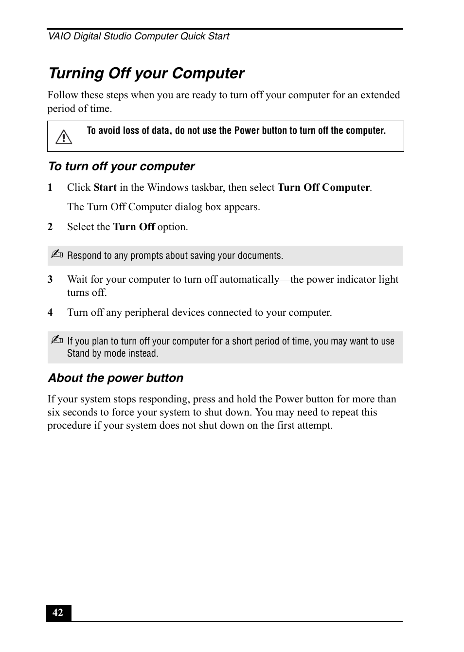 Turning off your computer | Sony PCV-RZ20CP User Manual | Page 42 / 64