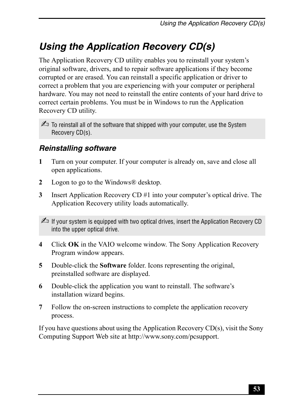 Using the application recovery cd(s) | Sony PCV-RZ20CP User Manual | Page 53 / 64