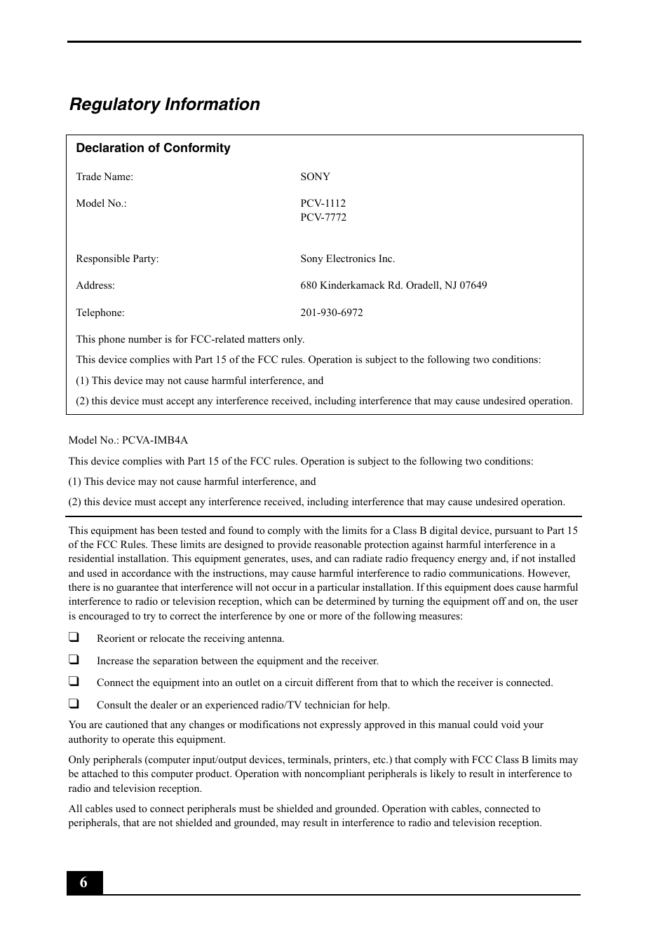 Regulatory information | Sony PCV-RZ20CP User Manual | Page 6 / 64