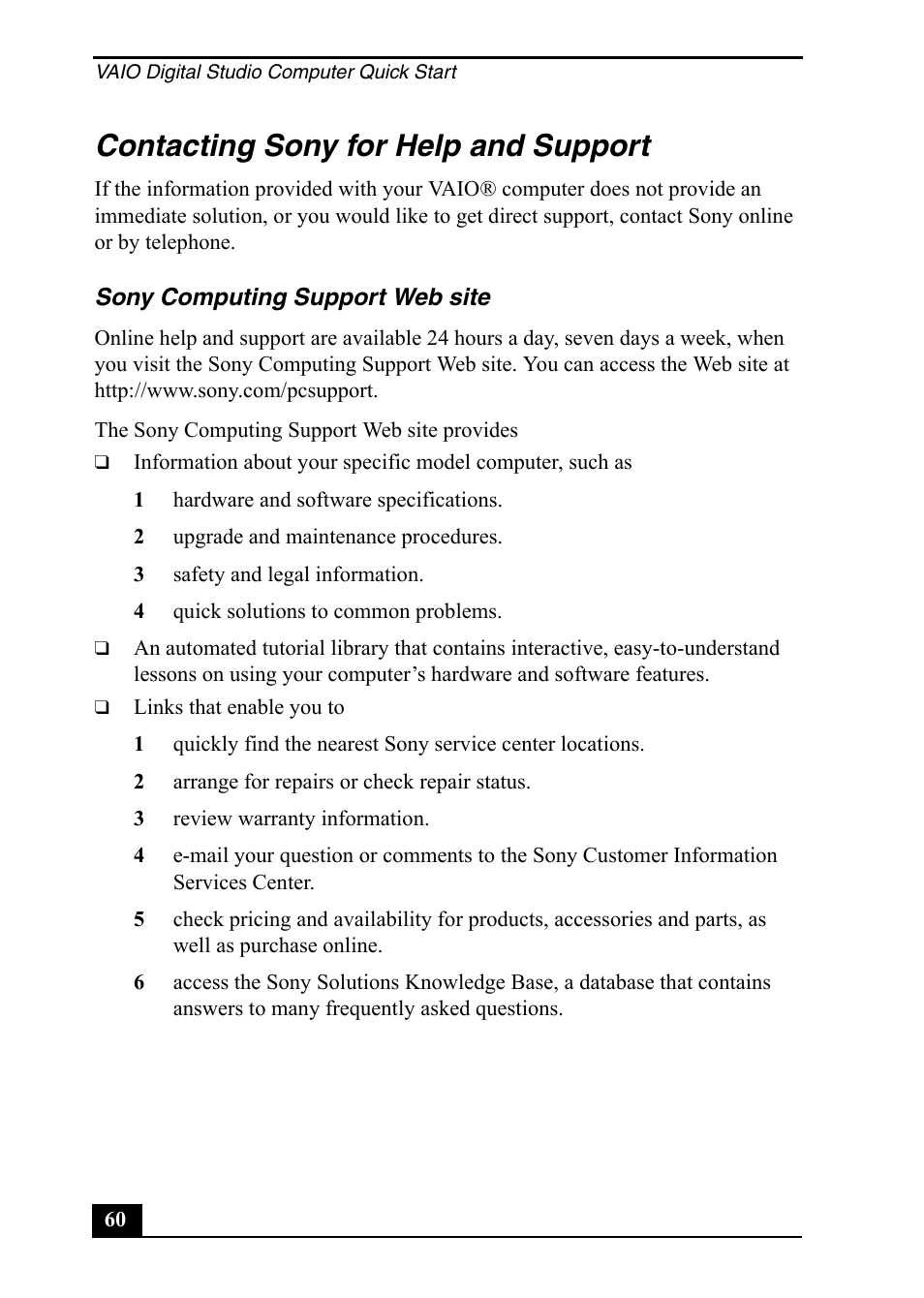 Contacting sony for help and support | Sony PCV-RZ20CP User Manual | Page 60 / 64