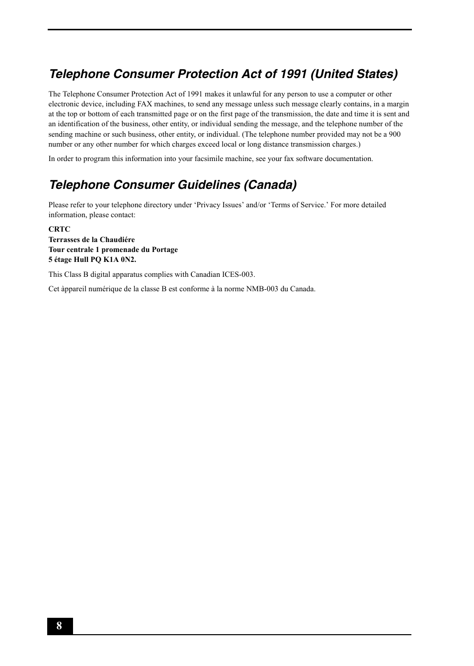 Telephone consumer guidelines (canada) | Sony PCV-RZ20CP User Manual | Page 8 / 64
