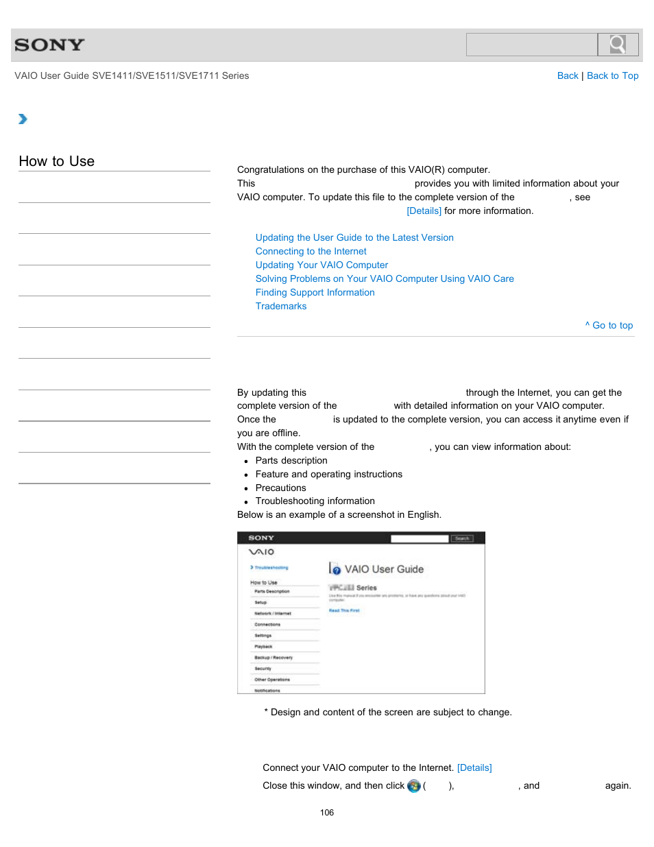 Details, How to use, Welcome | Updating the user guide to the latest version | Sony SVE141190X User Manual | Page 106 / 367