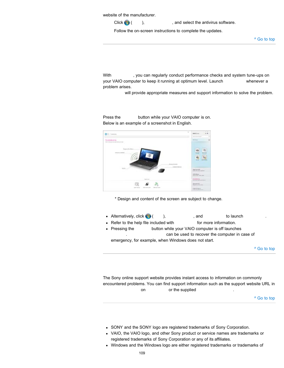 Finding support information, Trademarks | Sony SVE141190X User Manual | Page 109 / 367