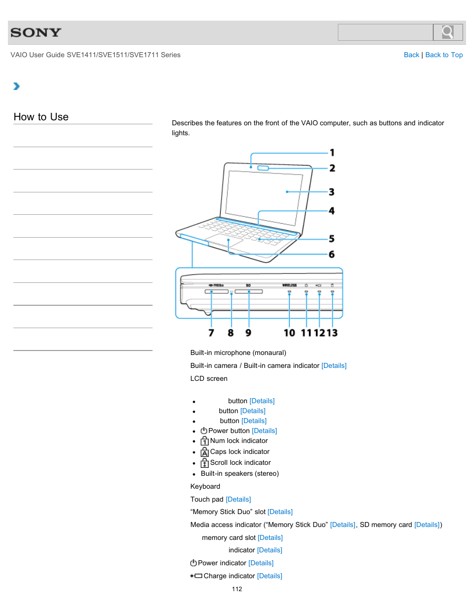 Parts and controls on the front, How to use | Sony SVE141190X User Manual | Page 112 / 367