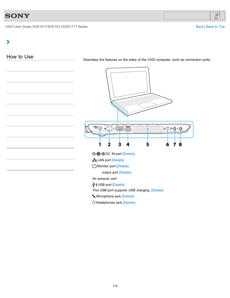 Parts and controls on the sides, How to use | Sony SVE141190X User Manual | Page 114 / 367