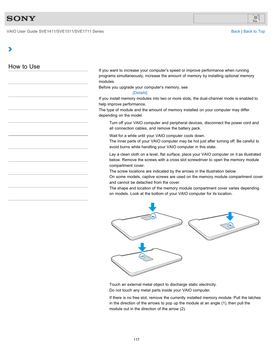 Adding and removing memory modules, Details, How to use | Sony SVE141190X User Manual | Page 117 / 367