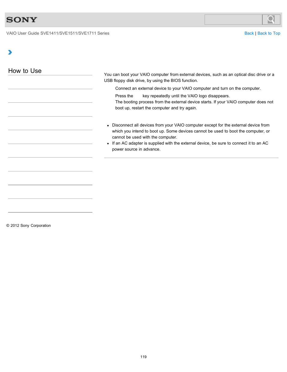 Booting your vaio computer from external devices, How to use | Sony SVE141190X User Manual | Page 119 / 367