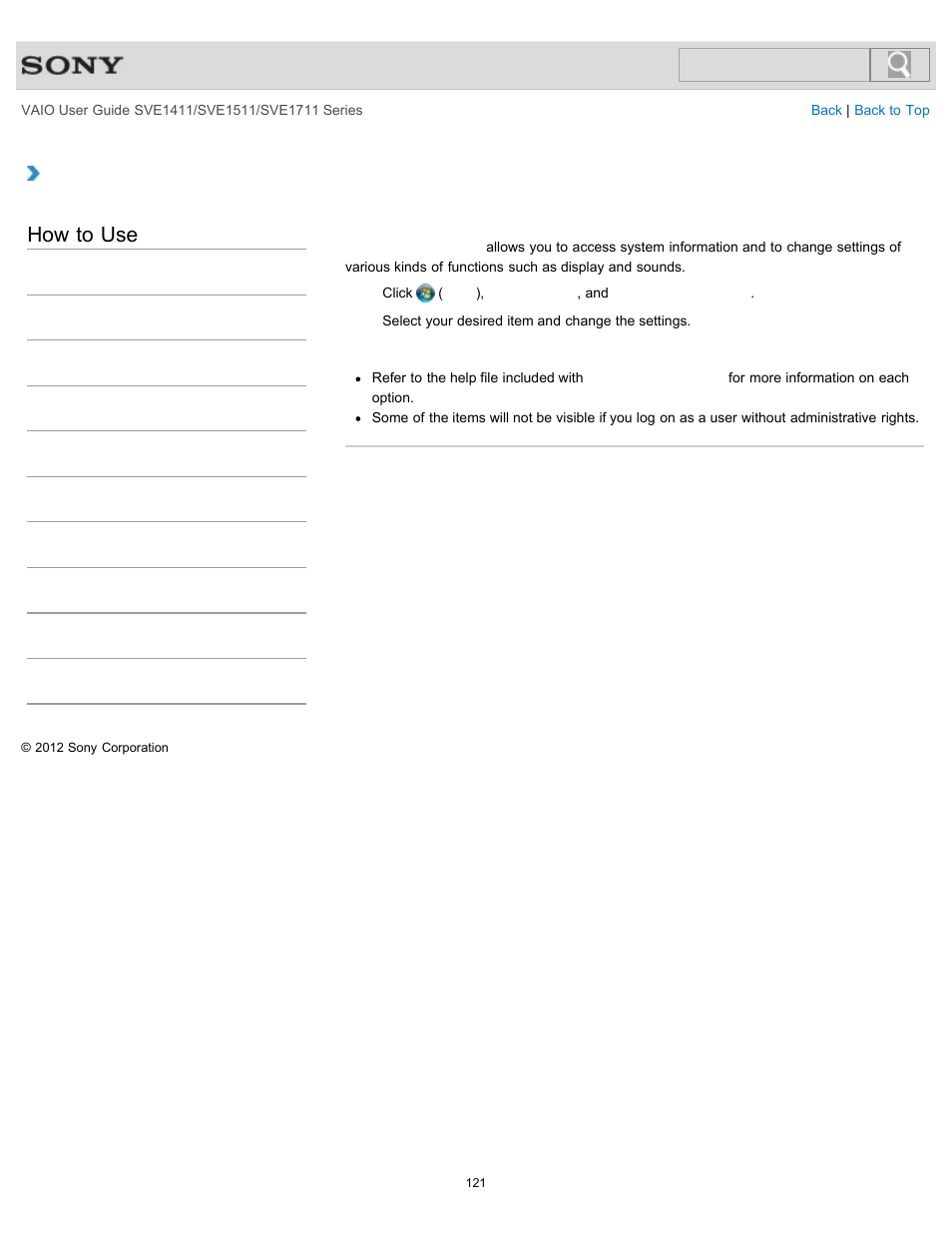 Customizing your vaio computer, How to use | Sony SVE141190X User Manual | Page 121 / 367