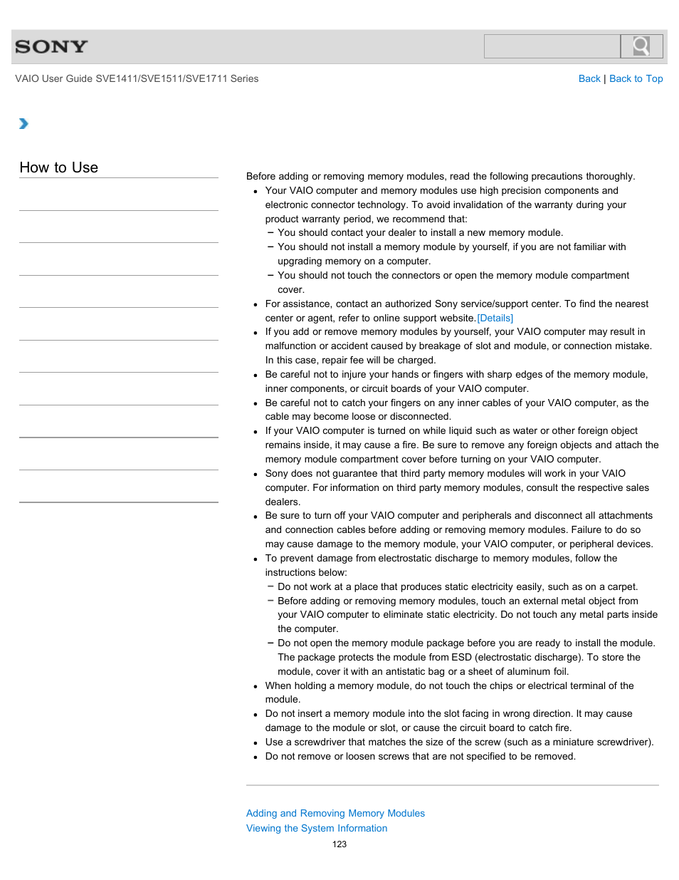 Notes on adding and removing memory modules, Details, How to use | Sony SVE141190X User Manual | Page 123 / 367