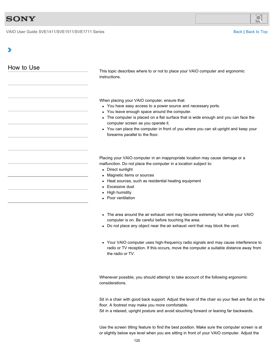 Setting up an appropriate work environment, How to use | Sony SVE141190X User Manual | Page 125 / 367