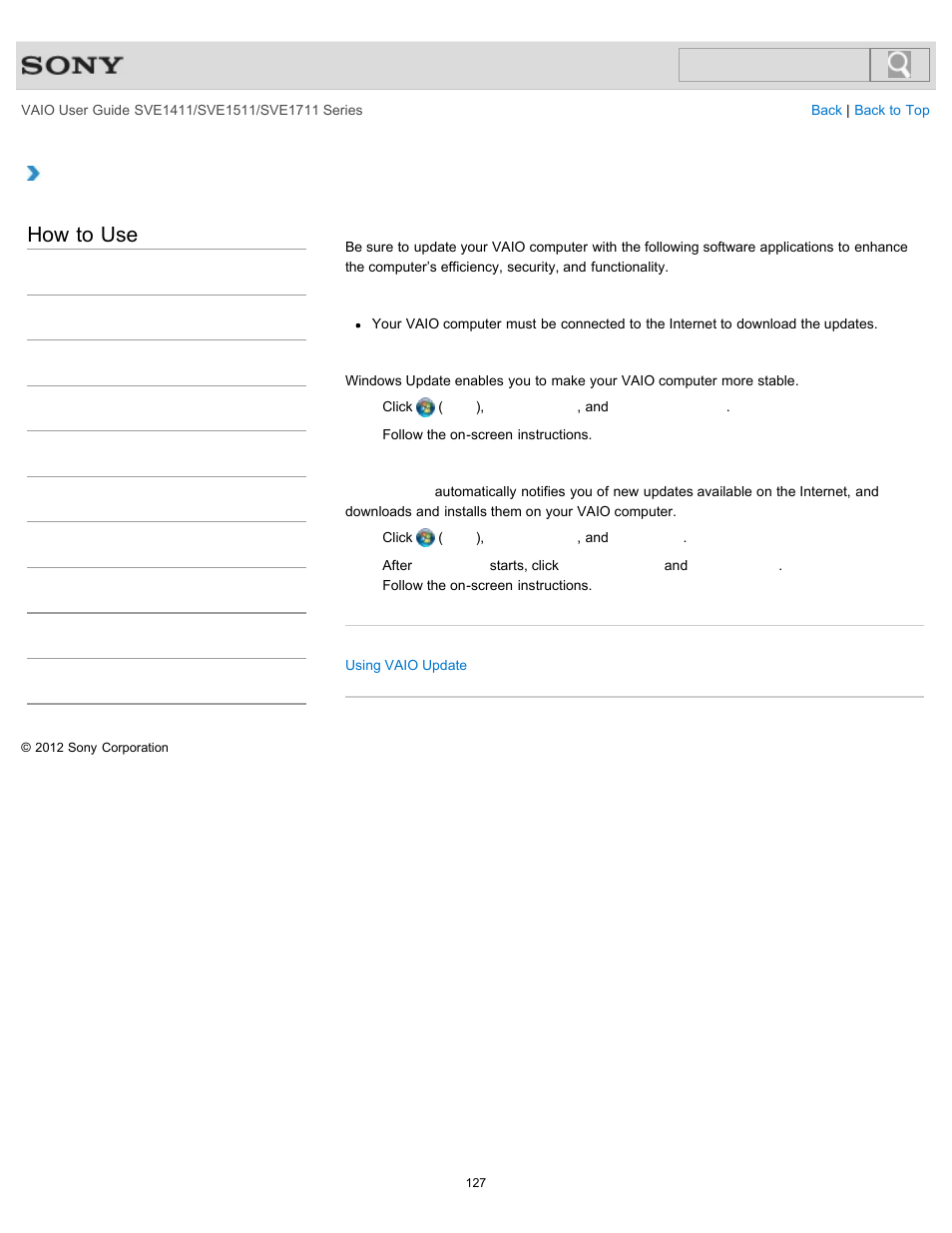 Updating your vaio computer, How to use | Sony SVE141190X User Manual | Page 127 / 367