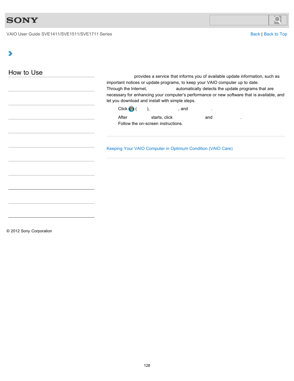 Using vaio update, How to use | Sony SVE141190X User Manual | Page 128 / 367