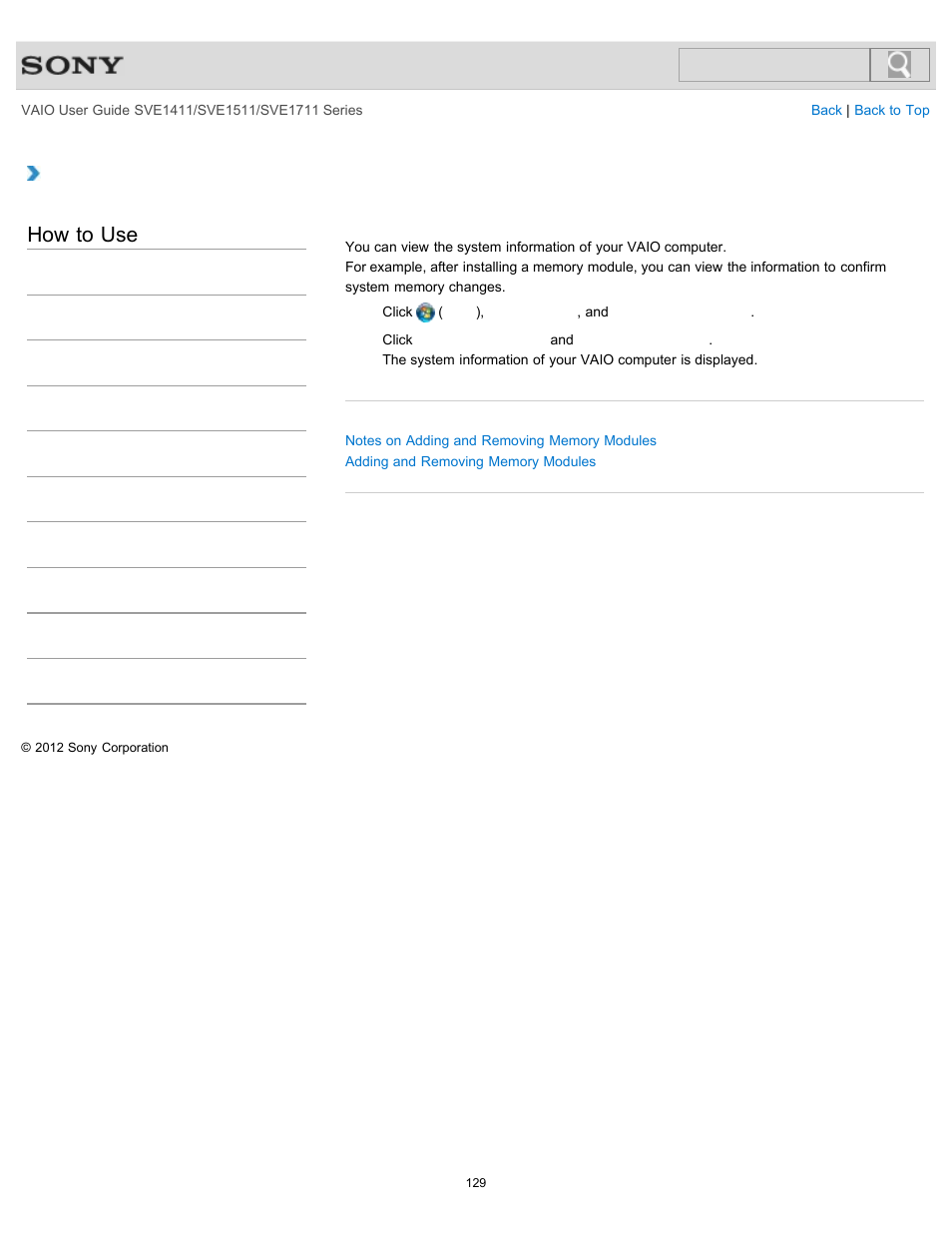 Viewing the system information, How to use | Sony SVE141190X User Manual | Page 129 / 367