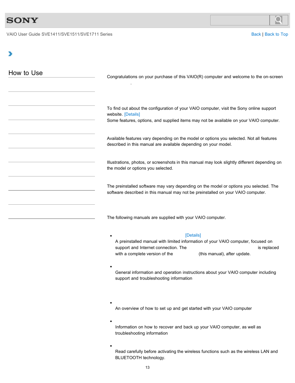 Read this first, How to use | Sony SVE141190X User Manual | Page 13 / 367