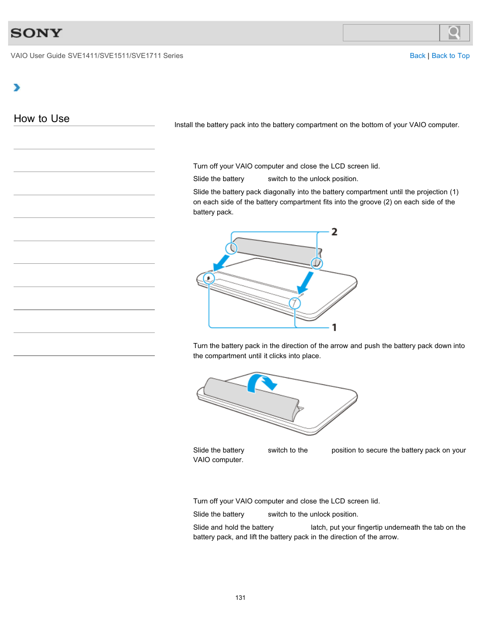 Installing/removing the battery pack, Details, How to use | Sony SVE141190X User Manual | Page 131 / 367