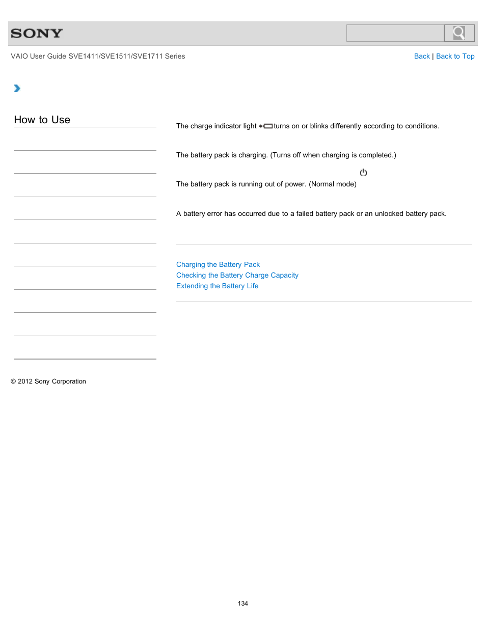 Charge indicator status list, Details, How to use | Sony SVE141190X User Manual | Page 134 / 367