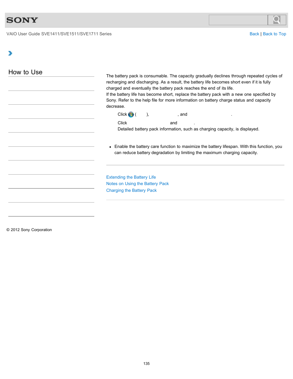 Checking the battery charge capacity, How to use | Sony SVE141190X User Manual | Page 135 / 367