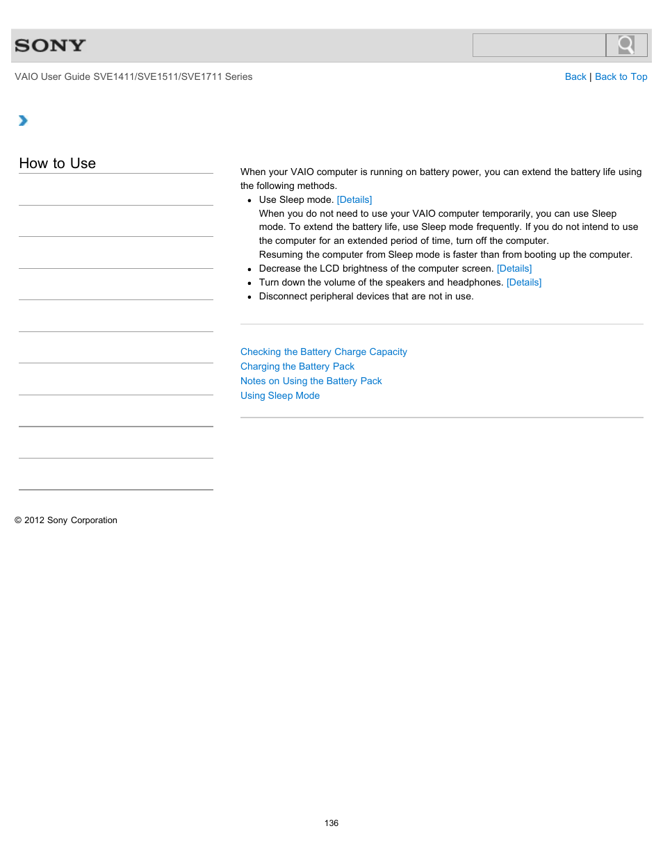 Extending the battery life, How to use | Sony SVE141190X User Manual | Page 136 / 367