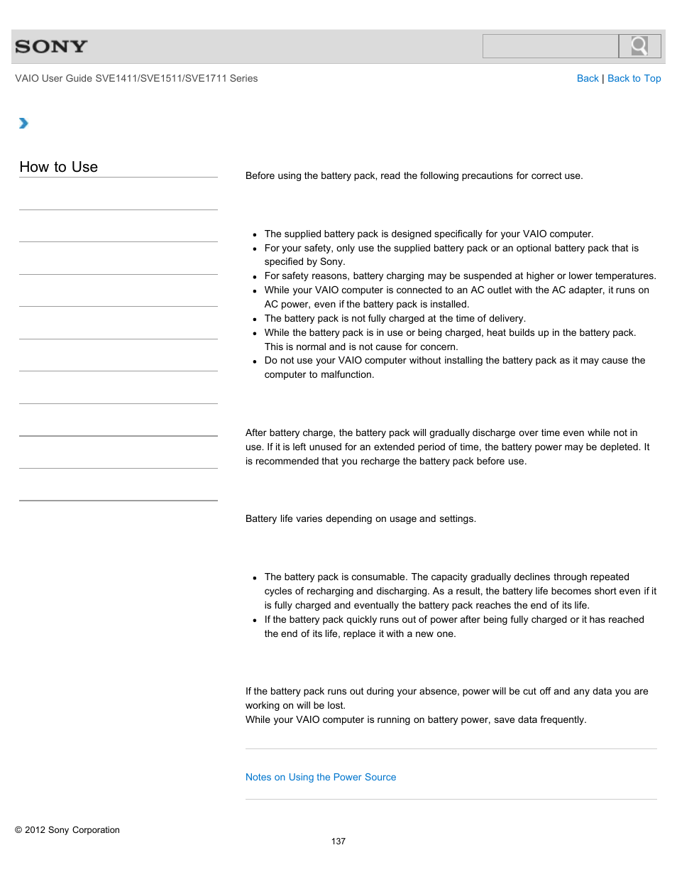 Notes on using the battery pack, How to use | Sony SVE141190X User Manual | Page 137 / 367