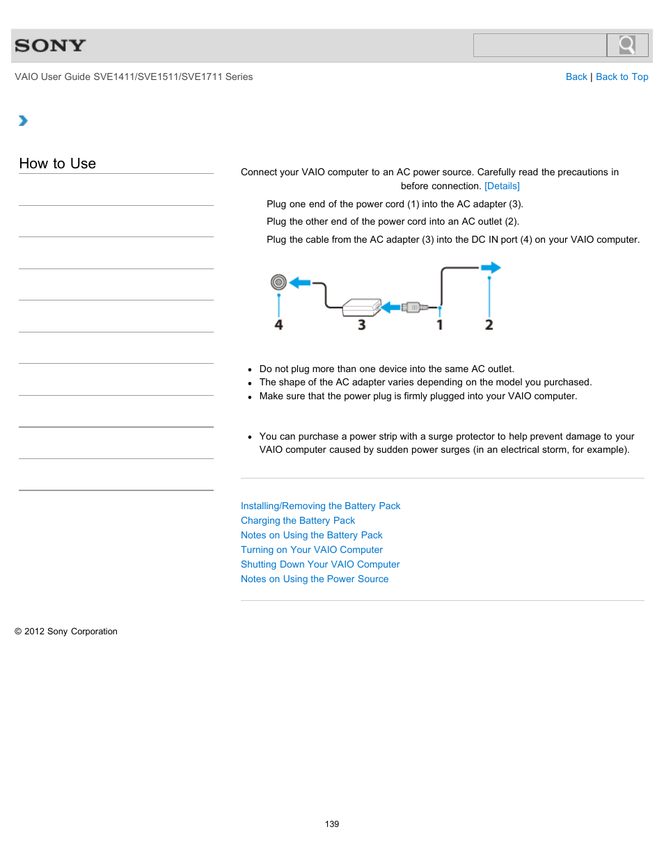 Connecting a power source, Details, How to use | Sony SVE141190X User Manual | Page 139 / 367