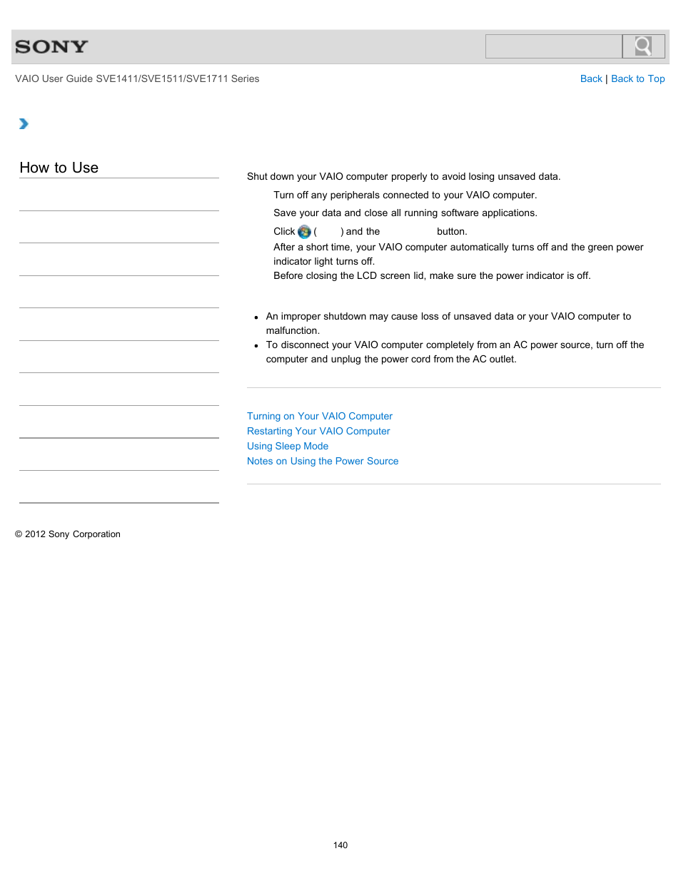 Shutting down your vaio computer, How to use | Sony SVE141190X User Manual | Page 140 / 367