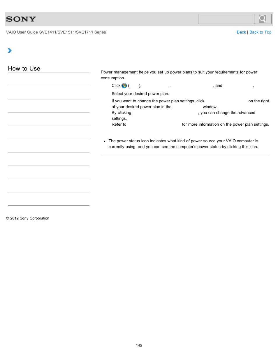 Selecting a power plan, How to use | Sony SVE141190X User Manual | Page 145 / 367