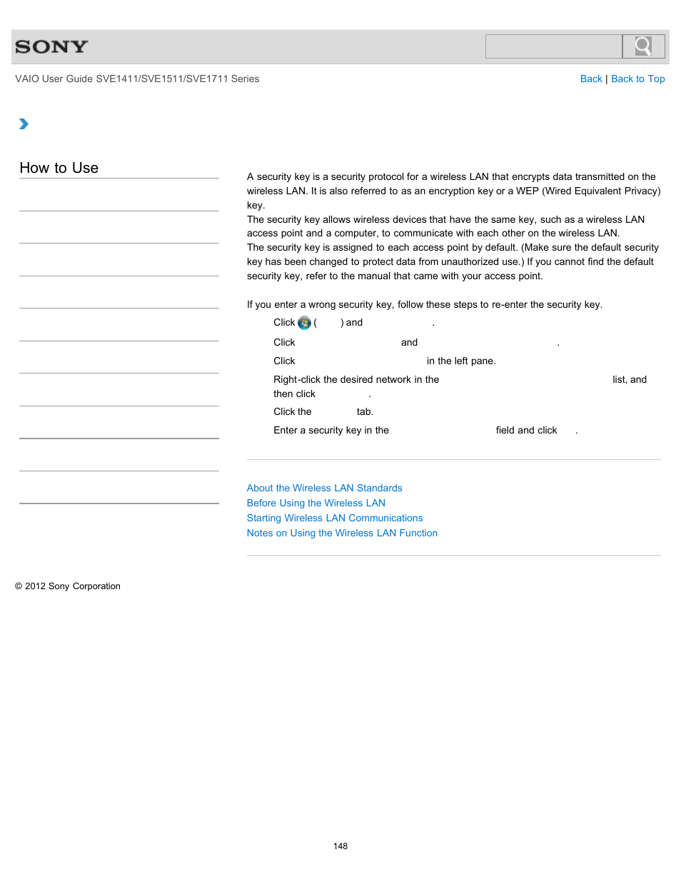 About a security key for a wireless lan, How to use | Sony SVE141190X User Manual | Page 148 / 367