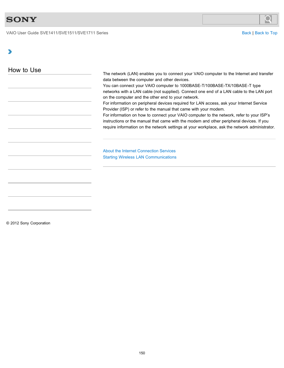 About the network (lan), How to use | Sony SVE141190X User Manual | Page 150 / 367