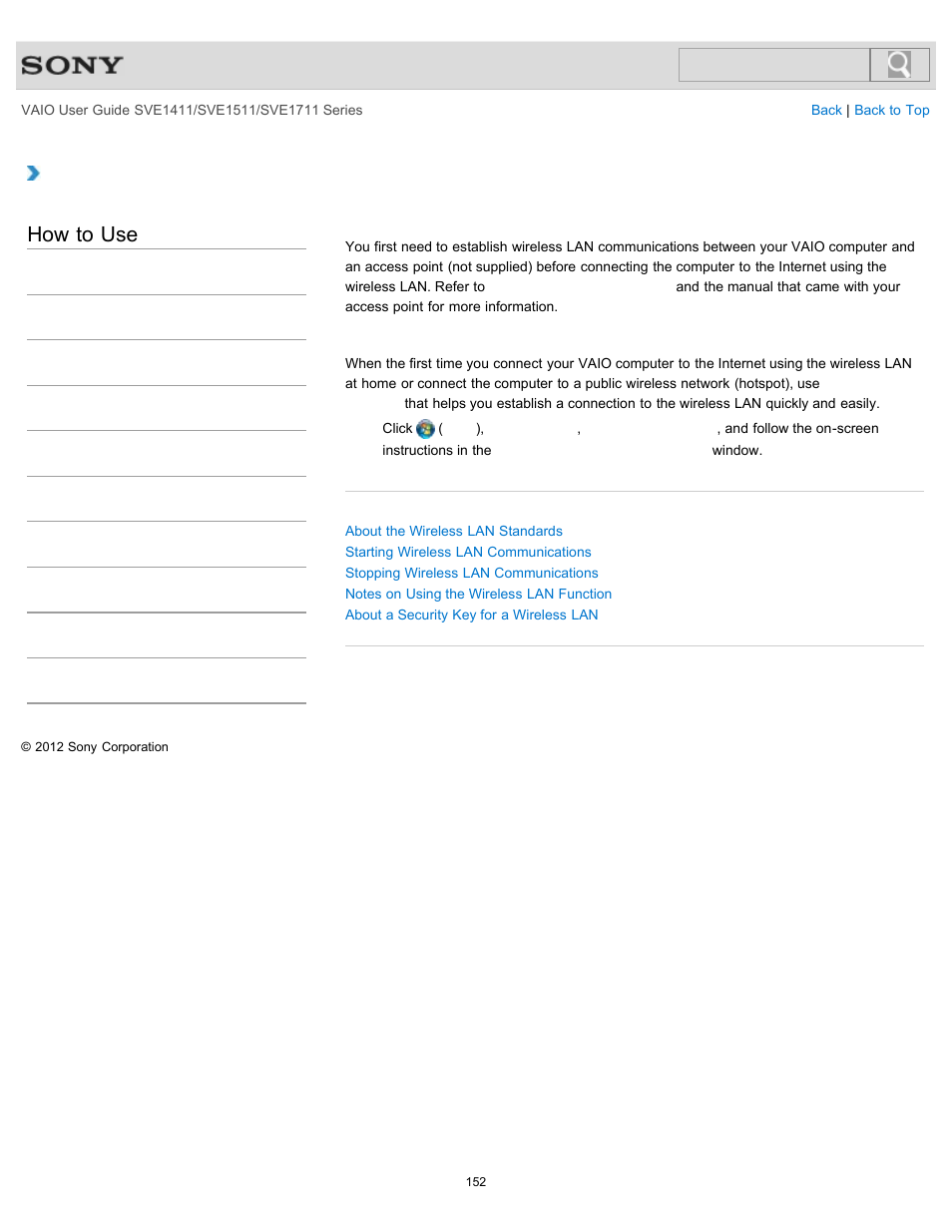 Before using the wireless lan, How to use | Sony SVE141190X User Manual | Page 152 / 367