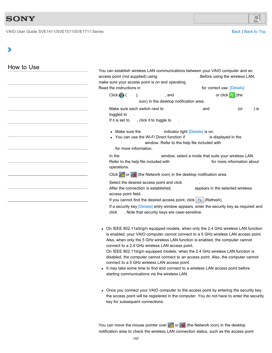 Starting wireless lan communications, How to use | Sony SVE141190X User Manual | Page 157 / 367