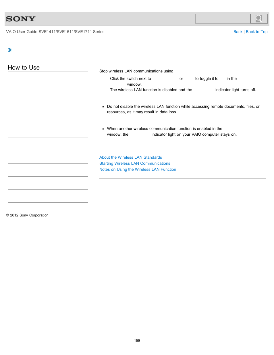 Stopping wireless lan communications, How to use | Sony SVE141190X User Manual | Page 159 / 367