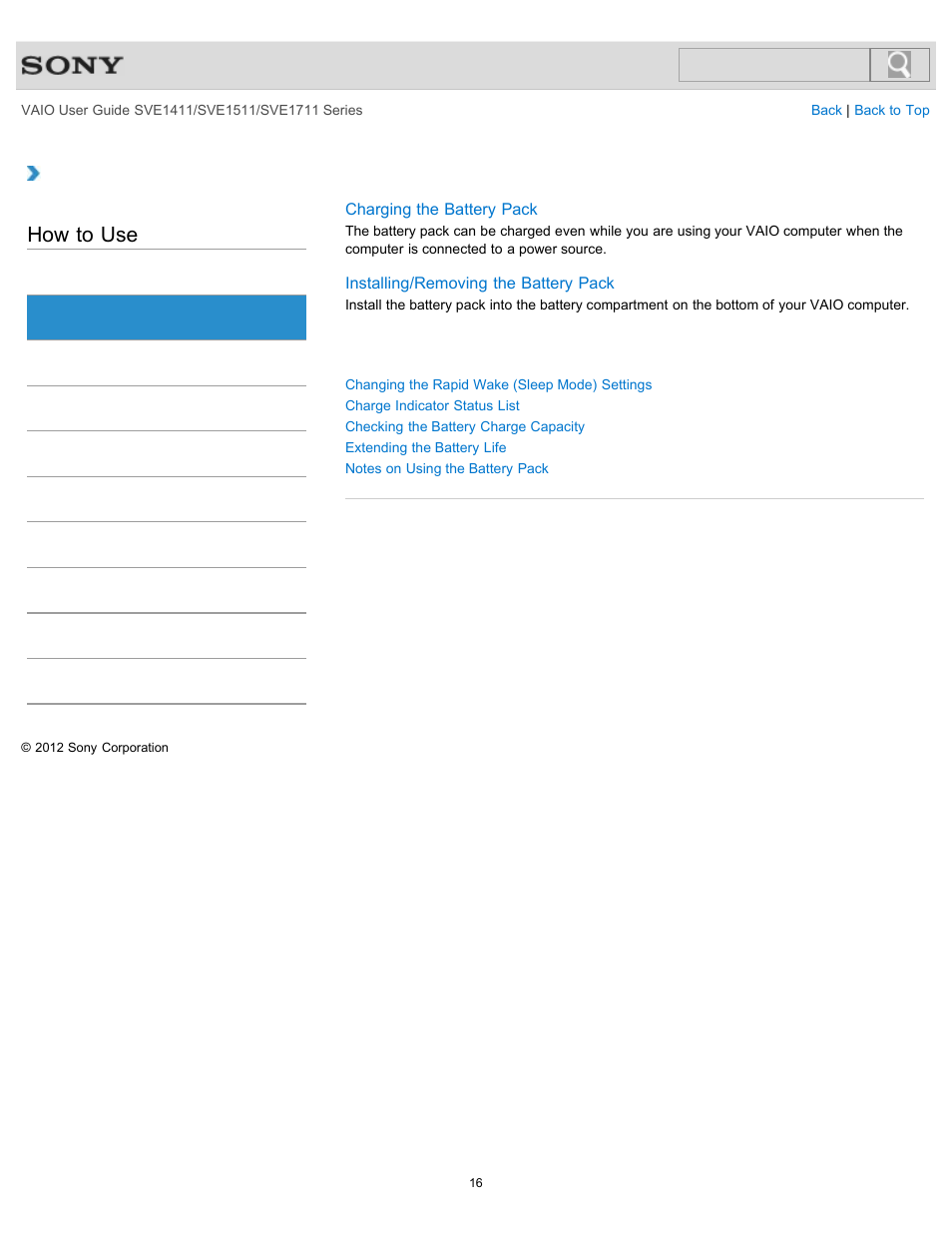 Battery, How to use | Sony SVE141190X User Manual | Page 16 / 367