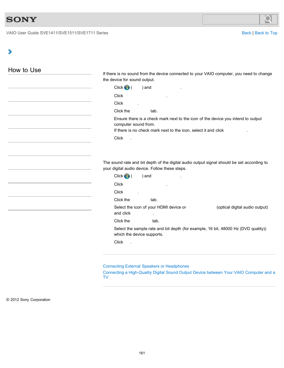 Changing the sound output device, How to use | Sony SVE141190X User Manual | Page 161 / 367