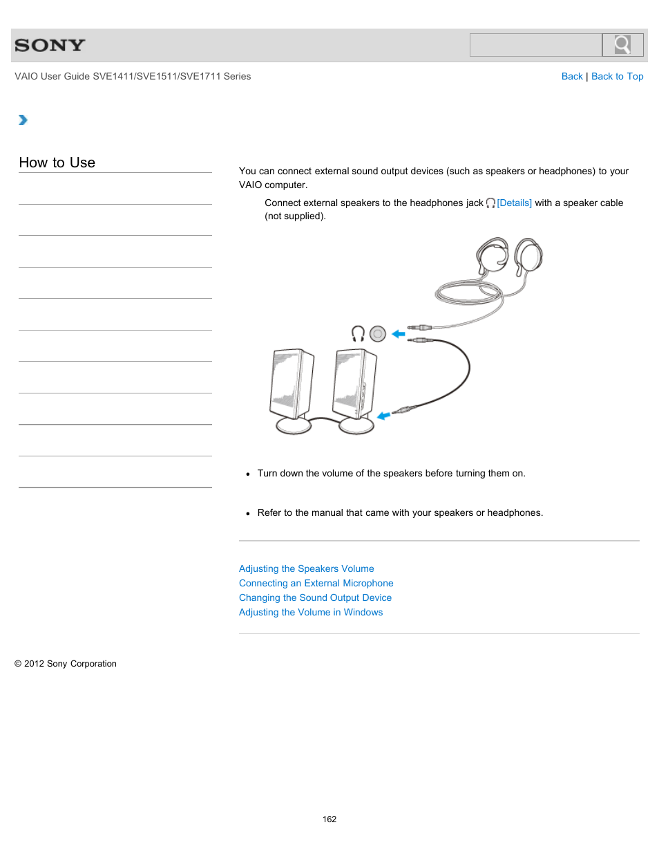 Connecting external speakers or headphones, Details, How to use | Sony SVE141190X User Manual | Page 162 / 367