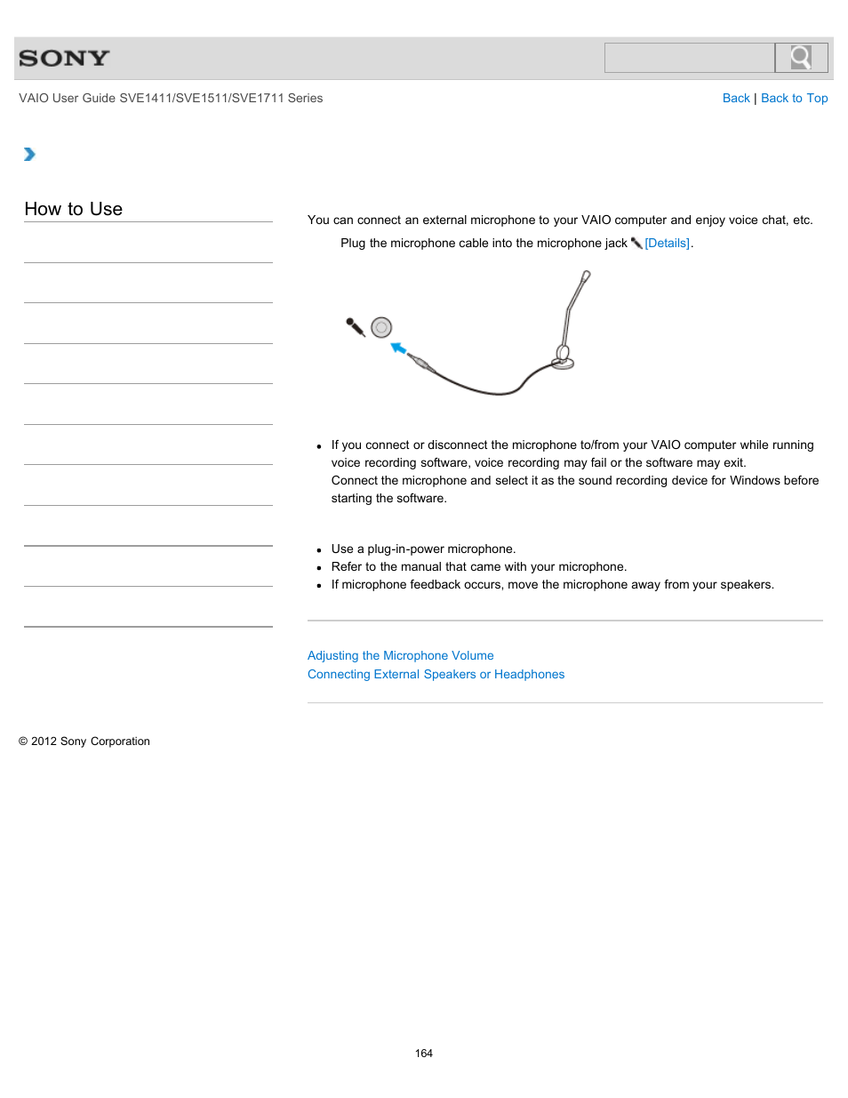 Connecting an external microphone, Details, How to use | Sony SVE141190X User Manual | Page 164 / 367