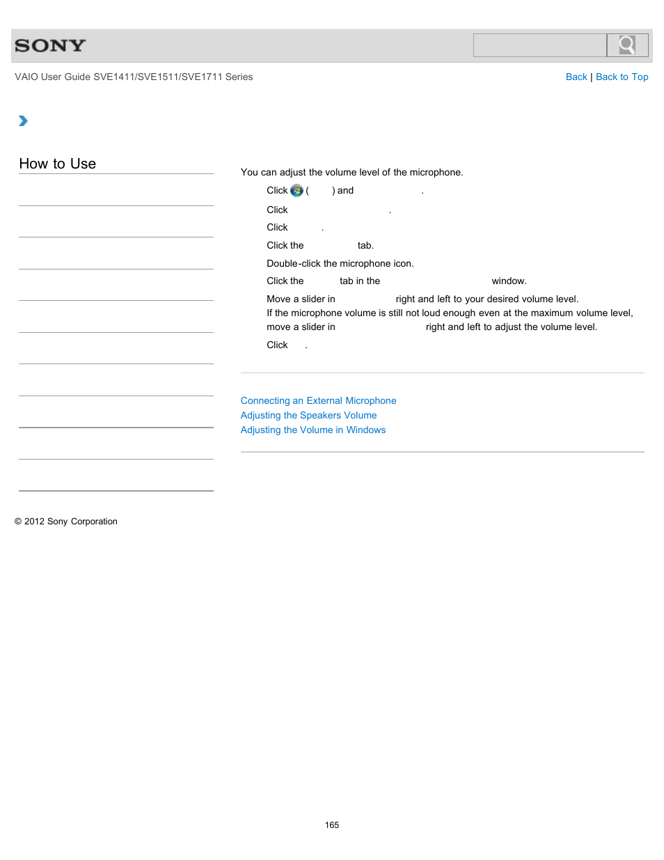 Adjusting the microphone volume, How to use | Sony SVE141190X User Manual | Page 165 / 367