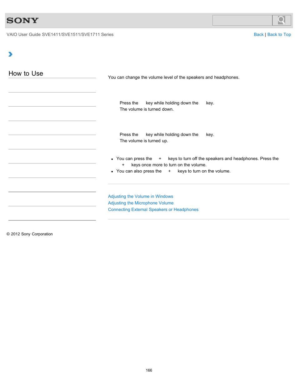 Adjusting the speakers volume, Details, How to use | Sony SVE141190X User Manual | Page 166 / 367