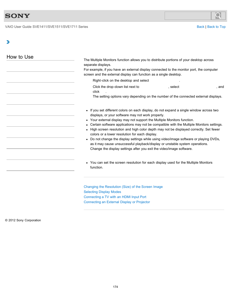 Using the multiple monitors function, How to use | Sony SVE141190X User Manual | Page 174 / 367