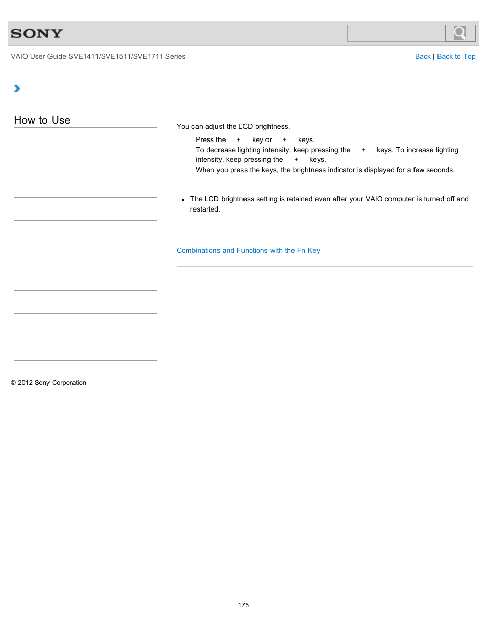 Changing the lcd brightness, Details, How to use | Sony SVE141190X User Manual | Page 175 / 367