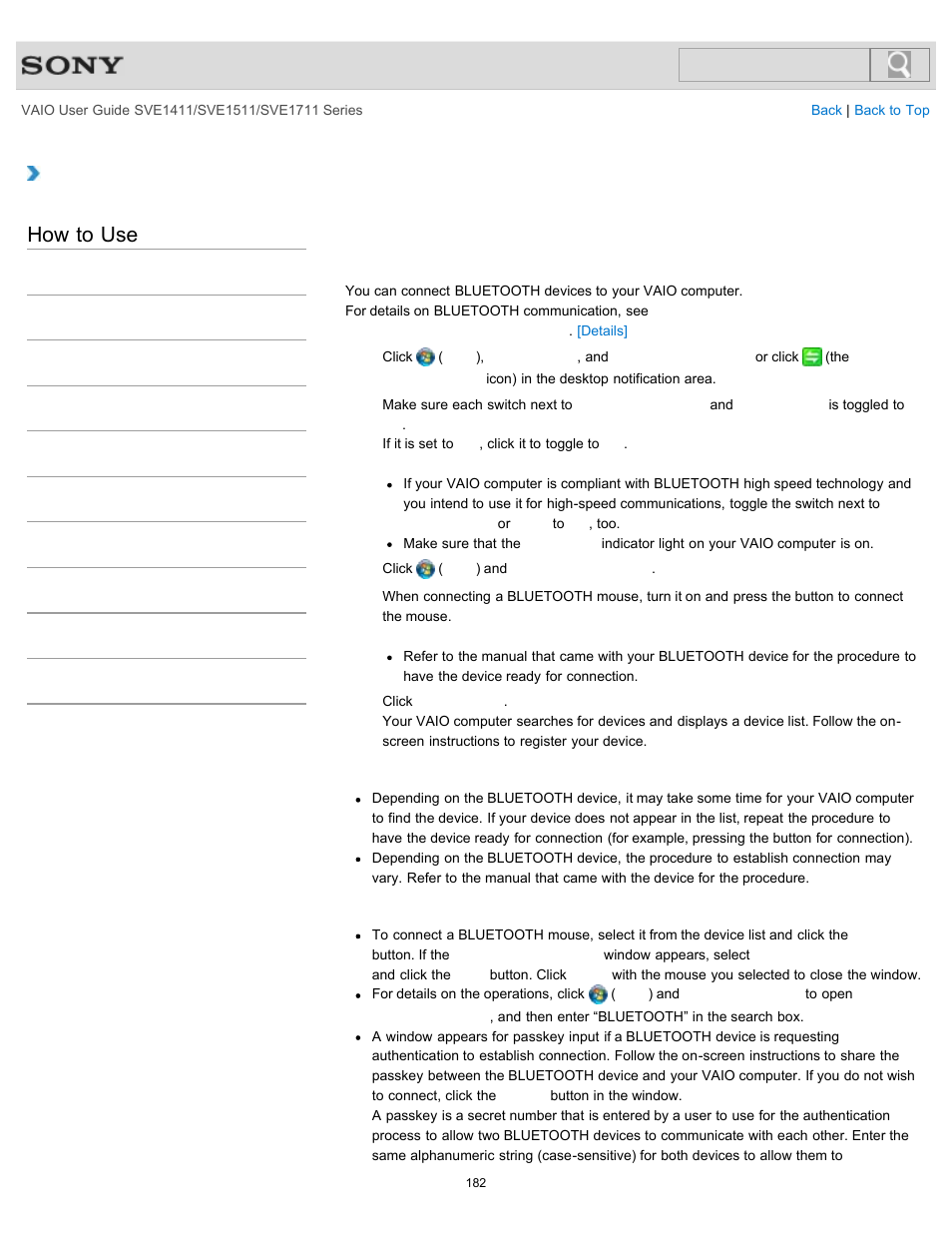 Mouse<bluetooth equipped models, Equipped models, How to use | Sony SVE141190X User Manual | Page 182 / 367