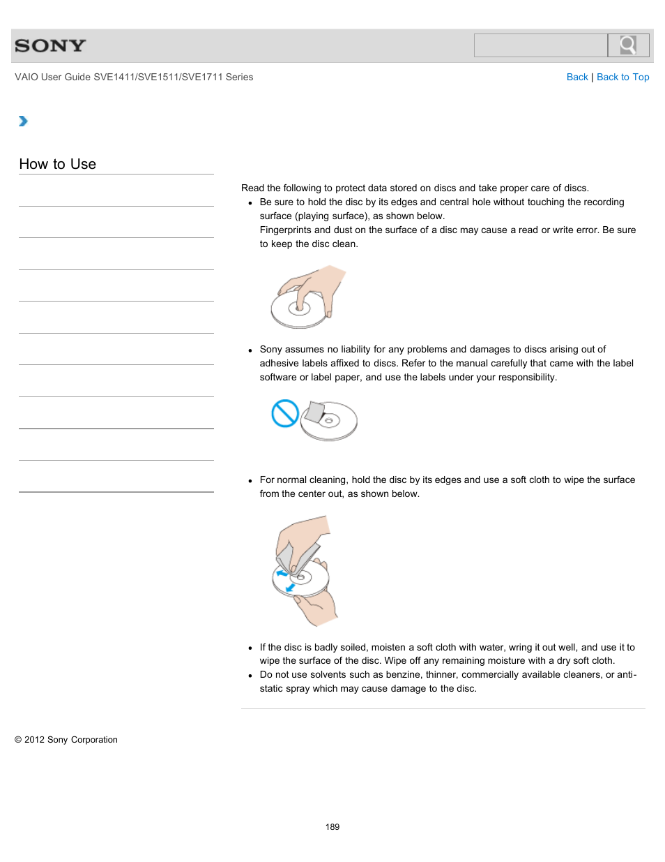 Handling discs<optical disc drive equipped models, How to use, Handling discs <optical disc drive equipped models | Sony SVE141190X User Manual | Page 189 / 367