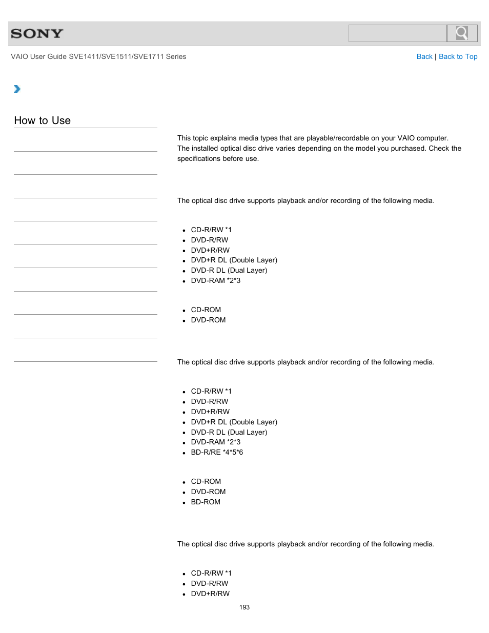 Supported discs<optical disc drive equipped models, How to use | Sony SVE141190X User Manual | Page 193 / 367