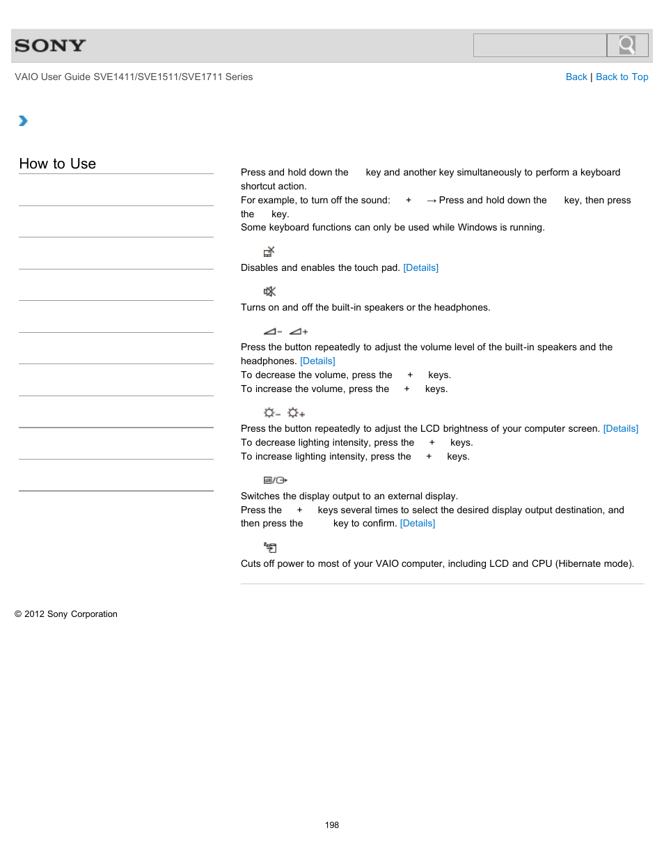 Combinations and functions with the fn key, How to use | Sony SVE141190X User Manual | Page 198 / 367