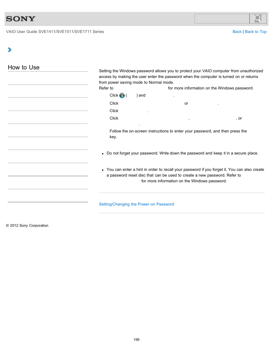 Creating/changing/removing your windows password, How to use | Sony SVE141190X User Manual | Page 199 / 367