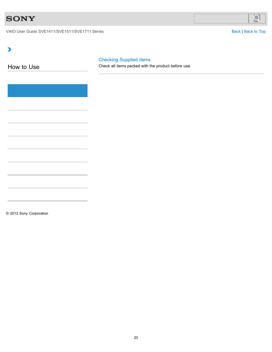 Supplied items, How to use | Sony SVE141190X User Manual | Page 20 / 367