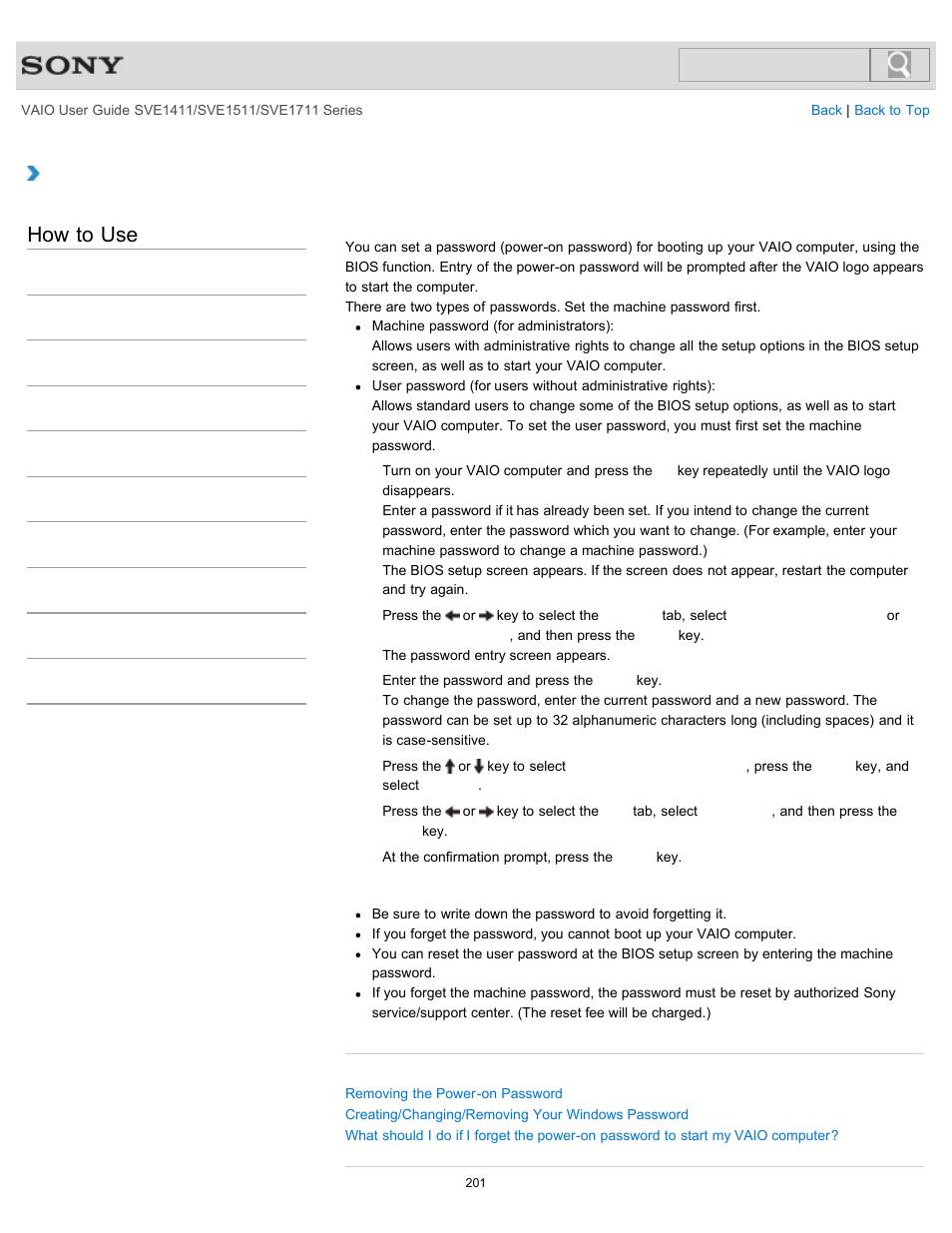 Setting/changing the power-on password, How to use | Sony SVE141190X User Manual | Page 201 / 367