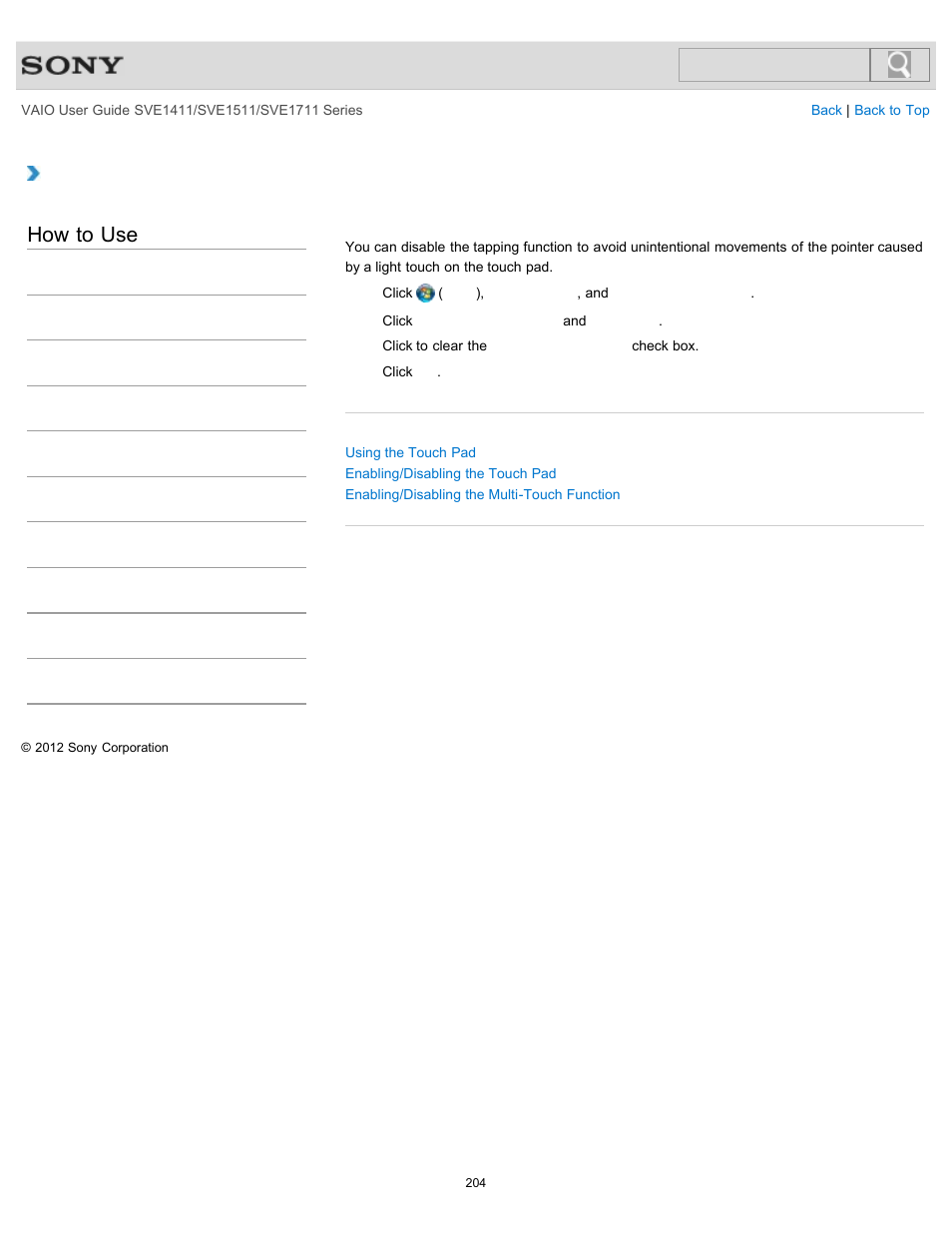 Disabling the tapping function on the touch pad, How to use | Sony SVE141190X User Manual | Page 204 / 367