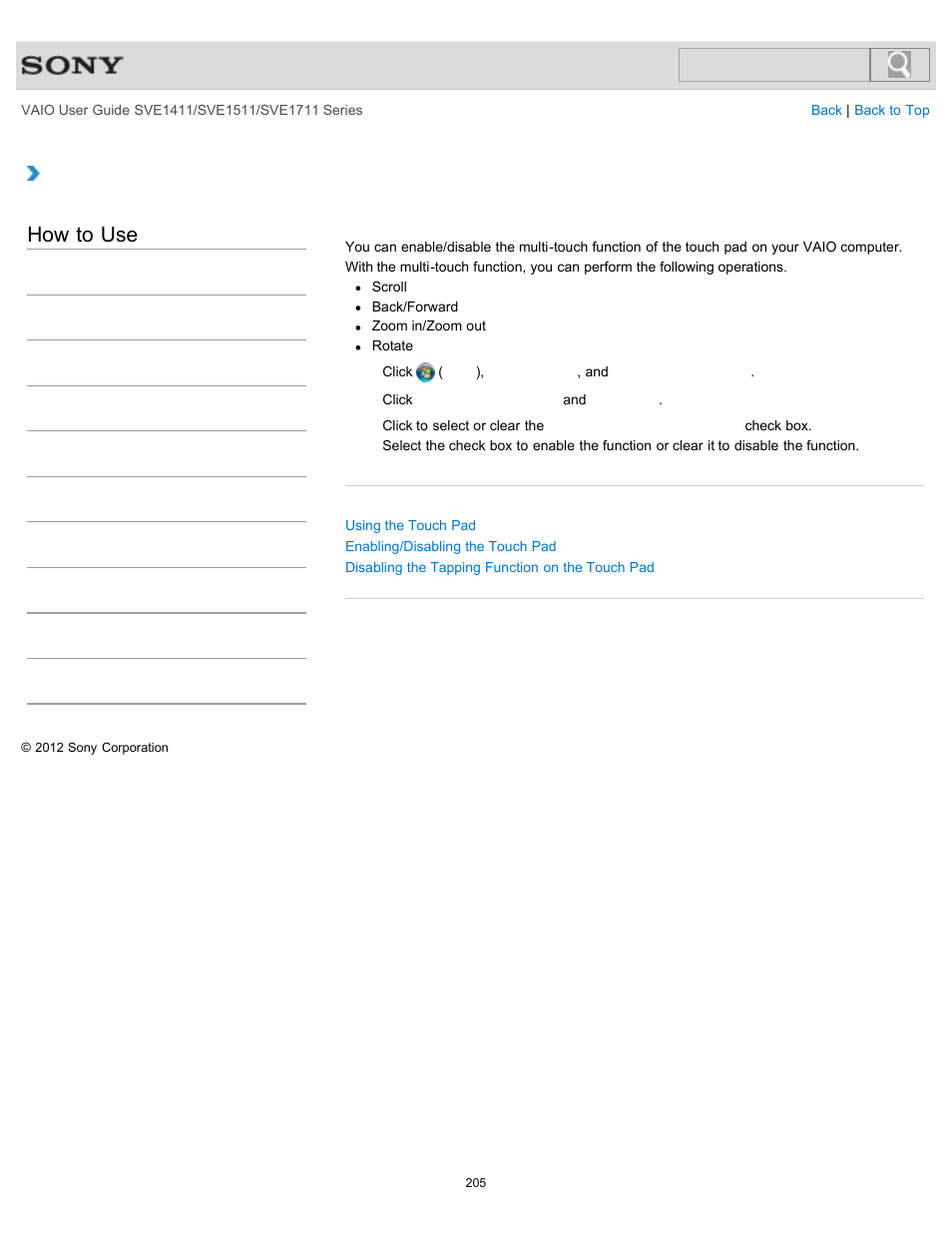 Enabling/disabling the multi-touch function, How to use | Sony SVE141190X User Manual | Page 205 / 367