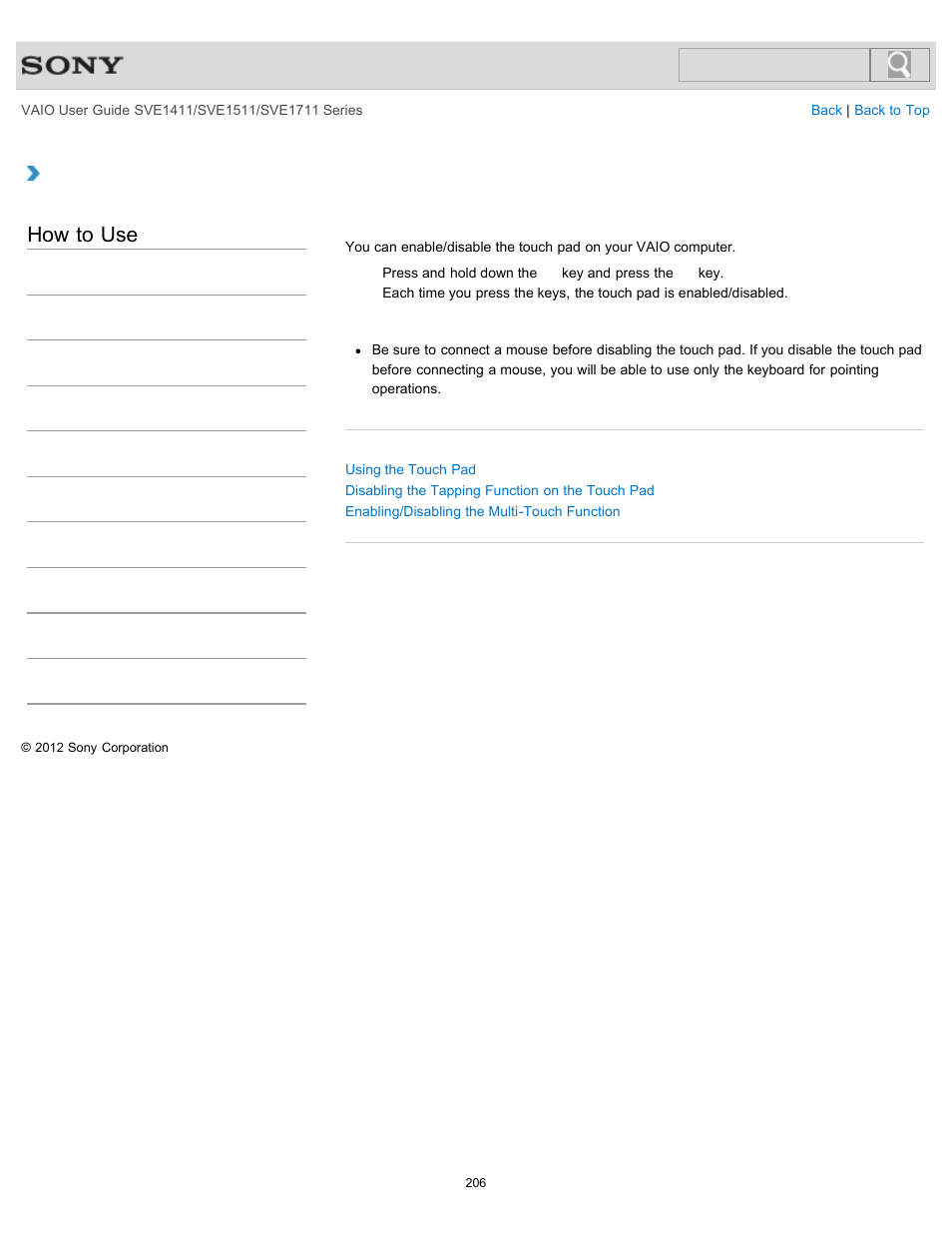 Enabling/disabling the touch pad, Details, How to use | Sony SVE141190X User Manual | Page 206 / 367