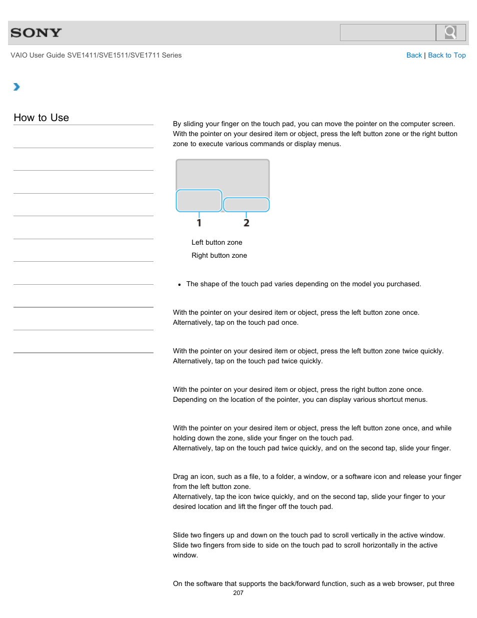 Using the touch pad, Details, How to use | Sony SVE141190X User Manual | Page 207 / 367